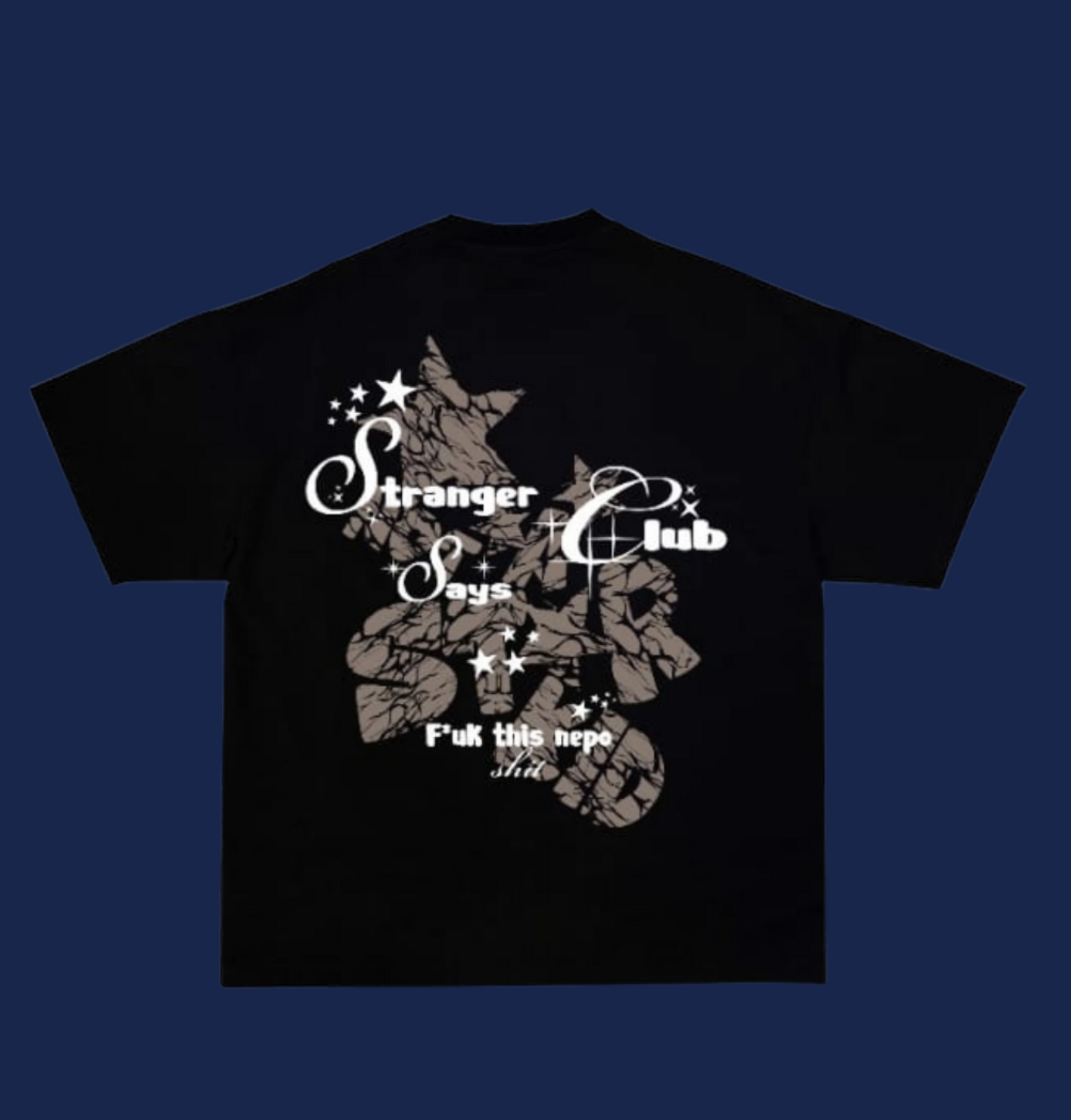 Black t-shirt with graphic design and text on a white background