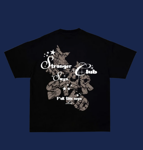 Black t-shirt with graphic design and text on a white background