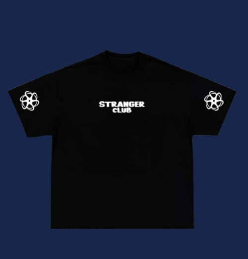 Black t-shirt with 'Stranger Club' text and logos on a white background