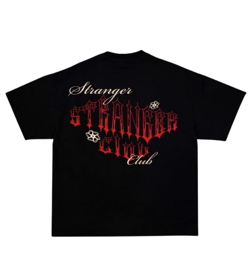 Black t-shirt with 'Stranger Club' design on a white background