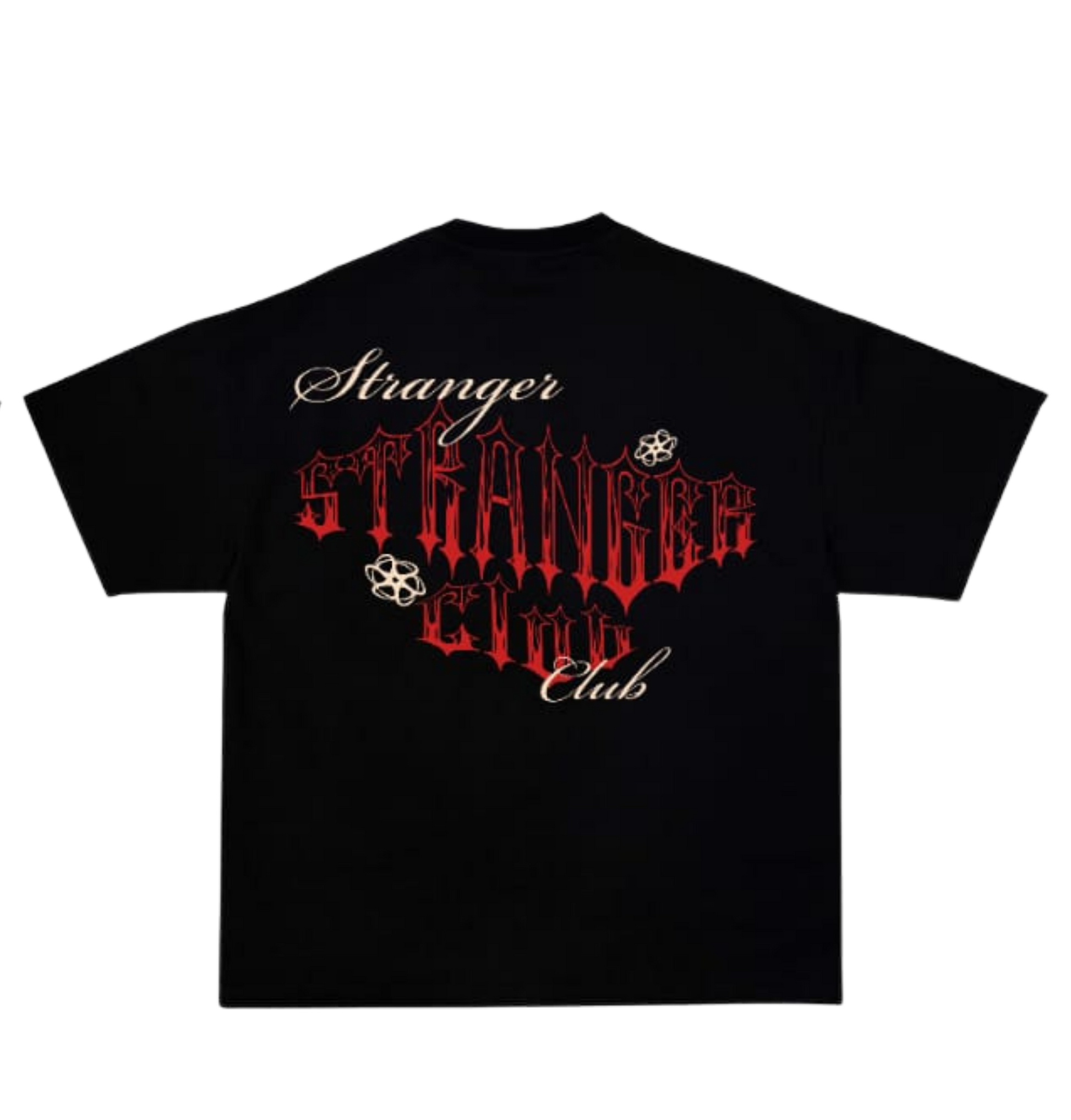 Black t-shirt with 'Stranger Club' design on a white background