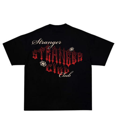 Black t-shirt with 'Stranger Club' design on a white background