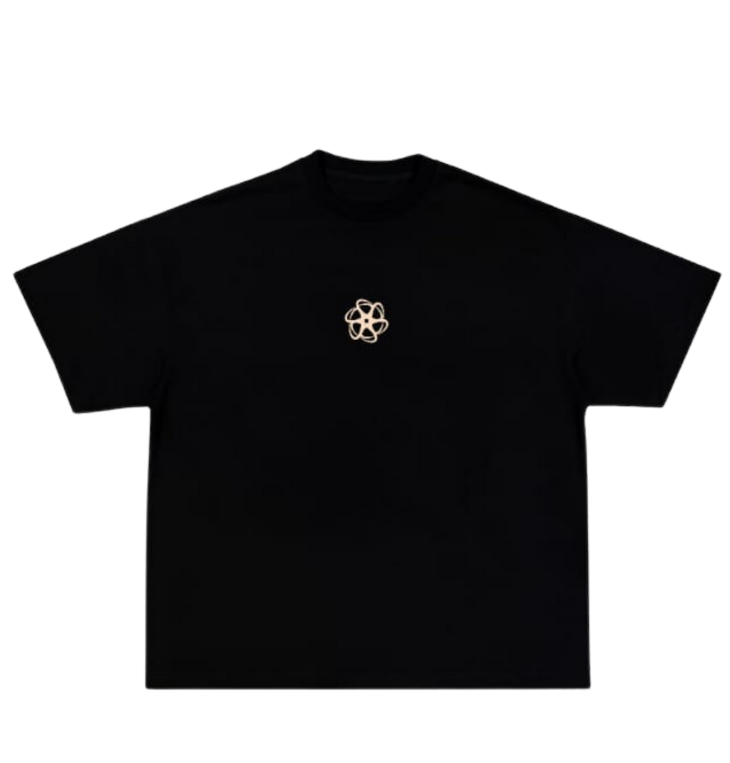 Black t-shirt with a small white logo on a white background