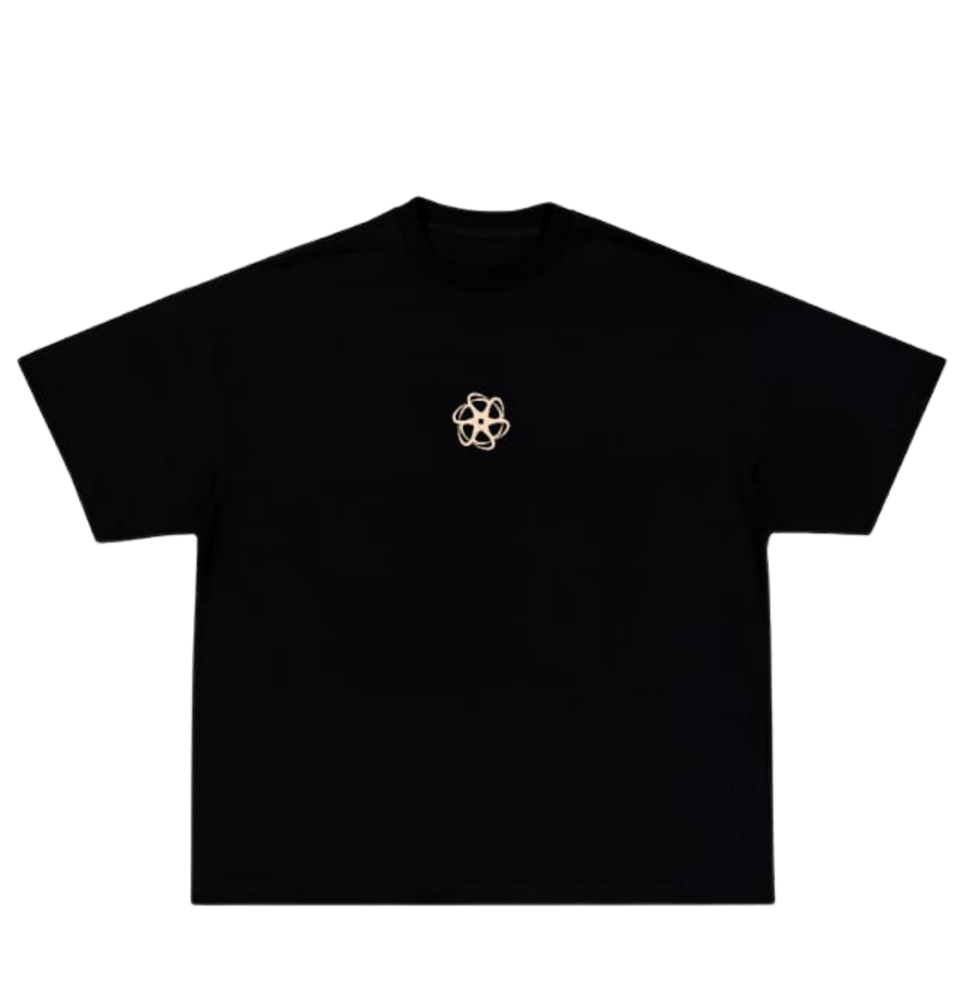 Black t-shirt with a small white logo on a white background