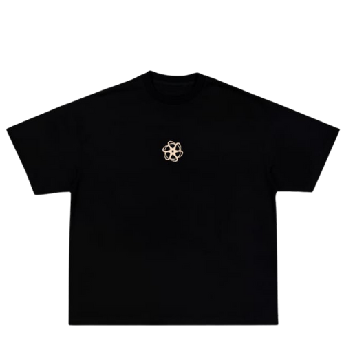 Black t-shirt with a small white logo on a white background
